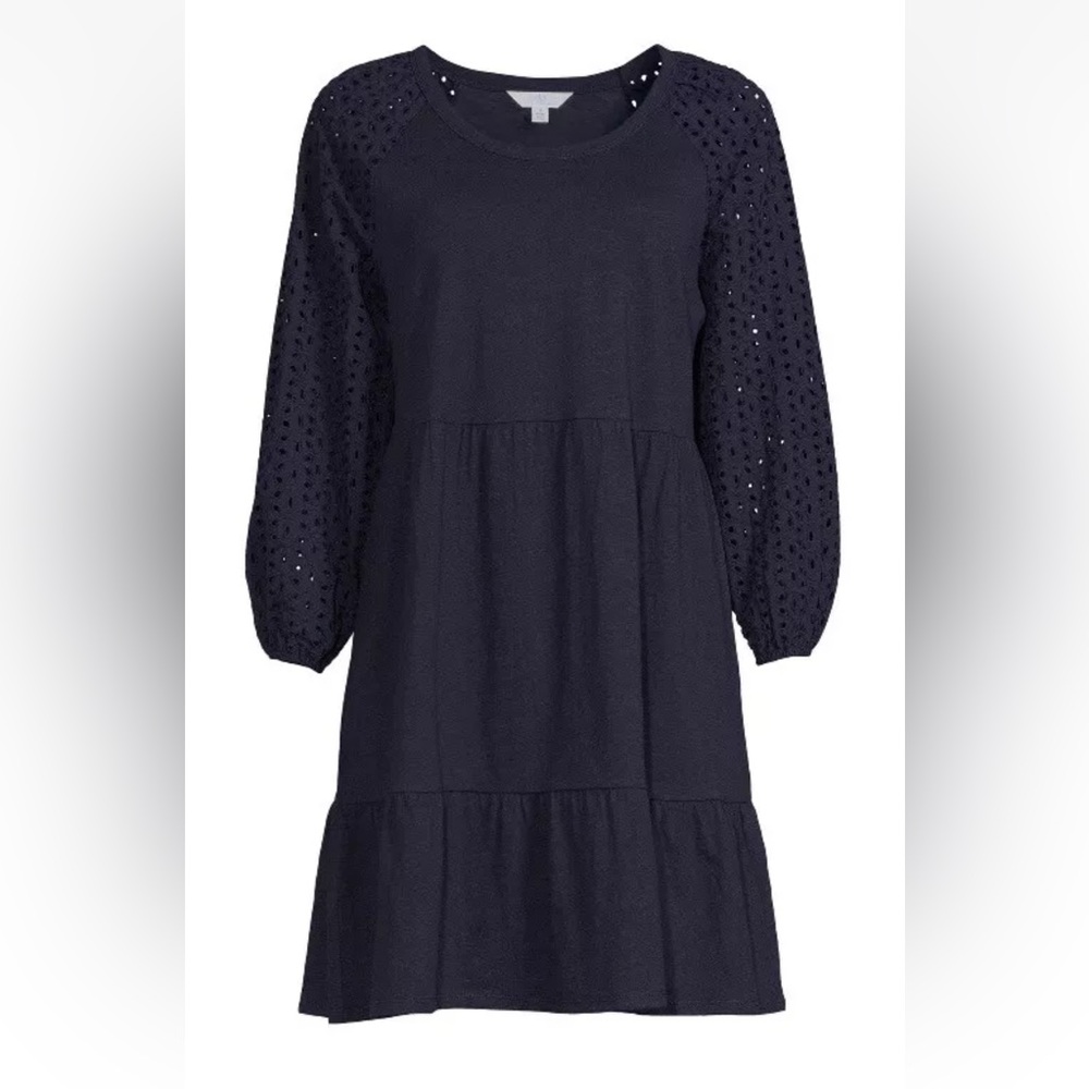 Size LARGE 12 14 Navy Blue Eyelet Sleeve Tiered Dress Time and Tru